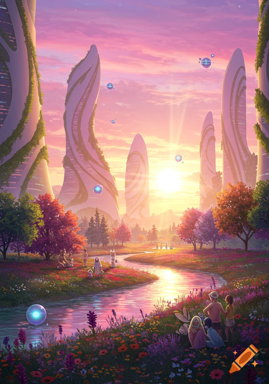 Utopian fantasy landscape at sunset with a winding river, wildflowers, tall futuristic buildings, and small groups of people.