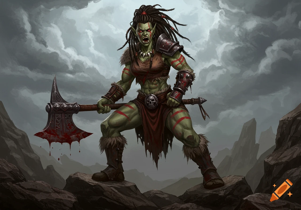 Muscular female orc berserker with red war paint and bloodstained axe standing on rocks under a cloudy sky.