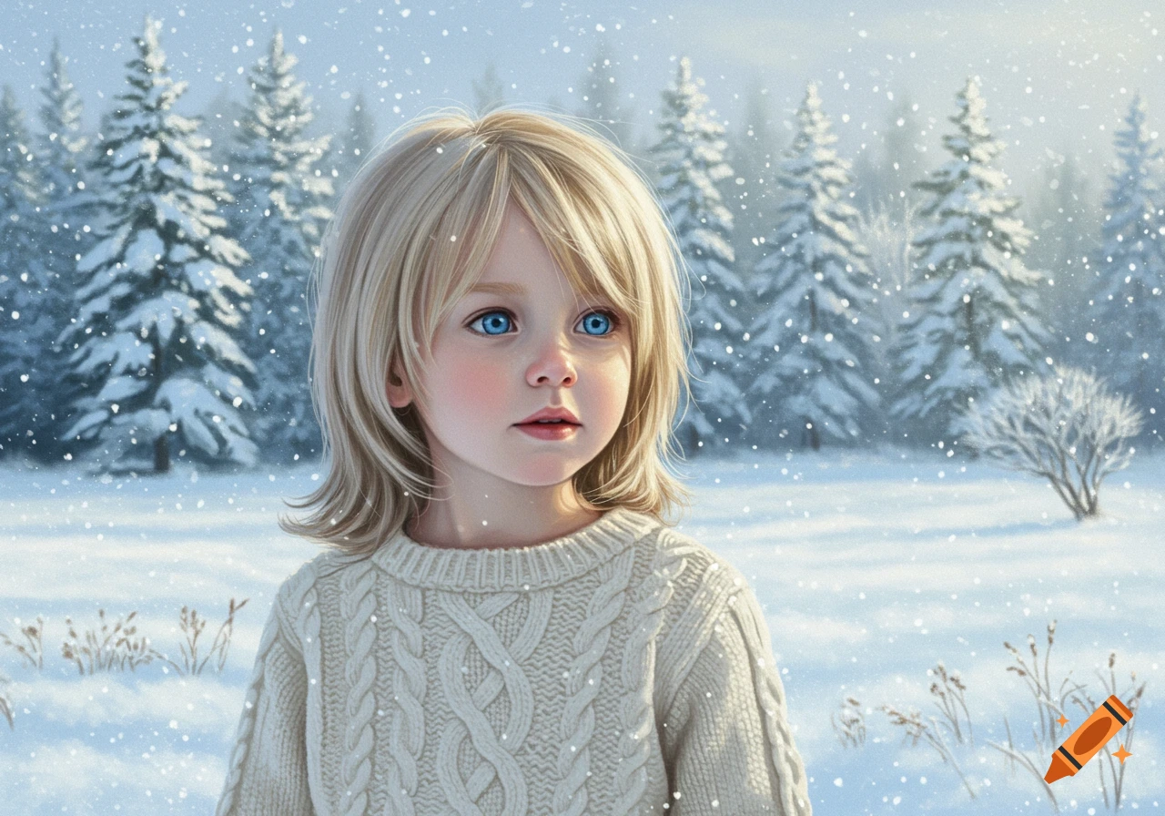 A young blonde child with bright blue eyes wears a cream cable-knit sweater, looking to the side in a snowy forest with falling flakes.