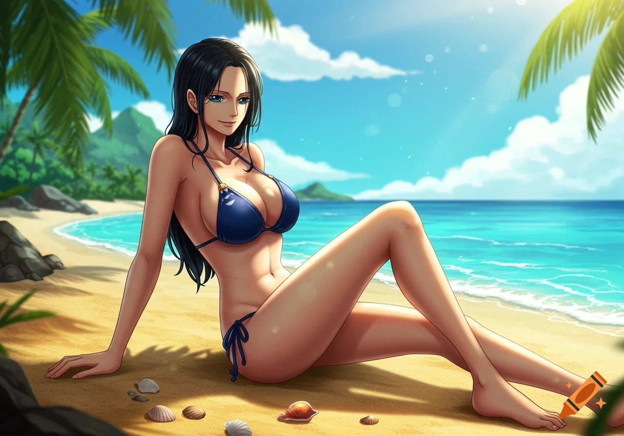 Anime style image of Nico Robin from One Piece in a blue bikini, sitting on a sandy tropical beach with palm trees and blue ocean.