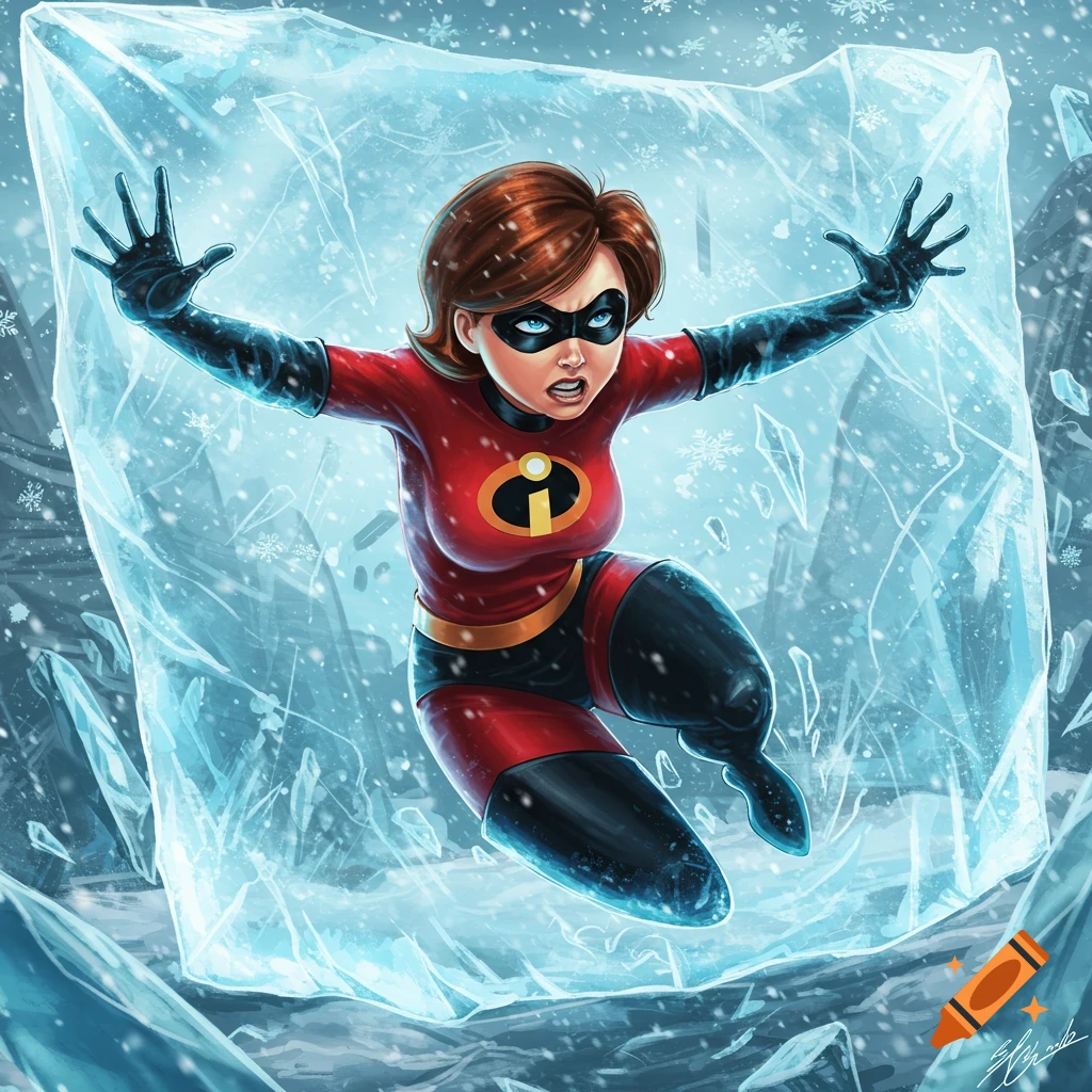 Elastigirl, in her red and black suit, is frozen in a large block of ice in a snowy, icy landscape, depicted in a cartoon style.