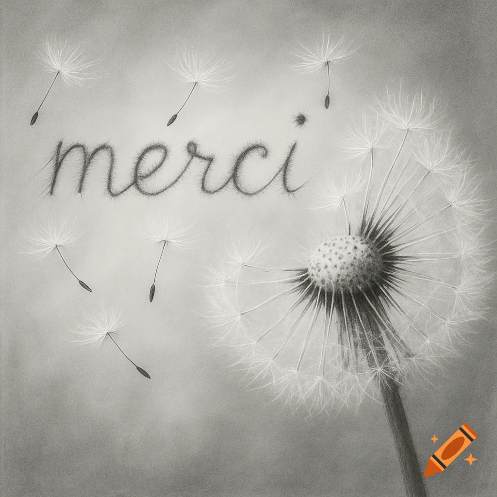 Black and white drawing of a dandelion puff, with some seeds flying off to form the word 'merci'.