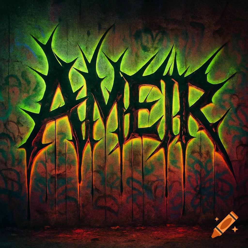 Stylized graffiti art spells AMEIR in sharp-edged, dripping neon green and red letters on a dark, textured wall.