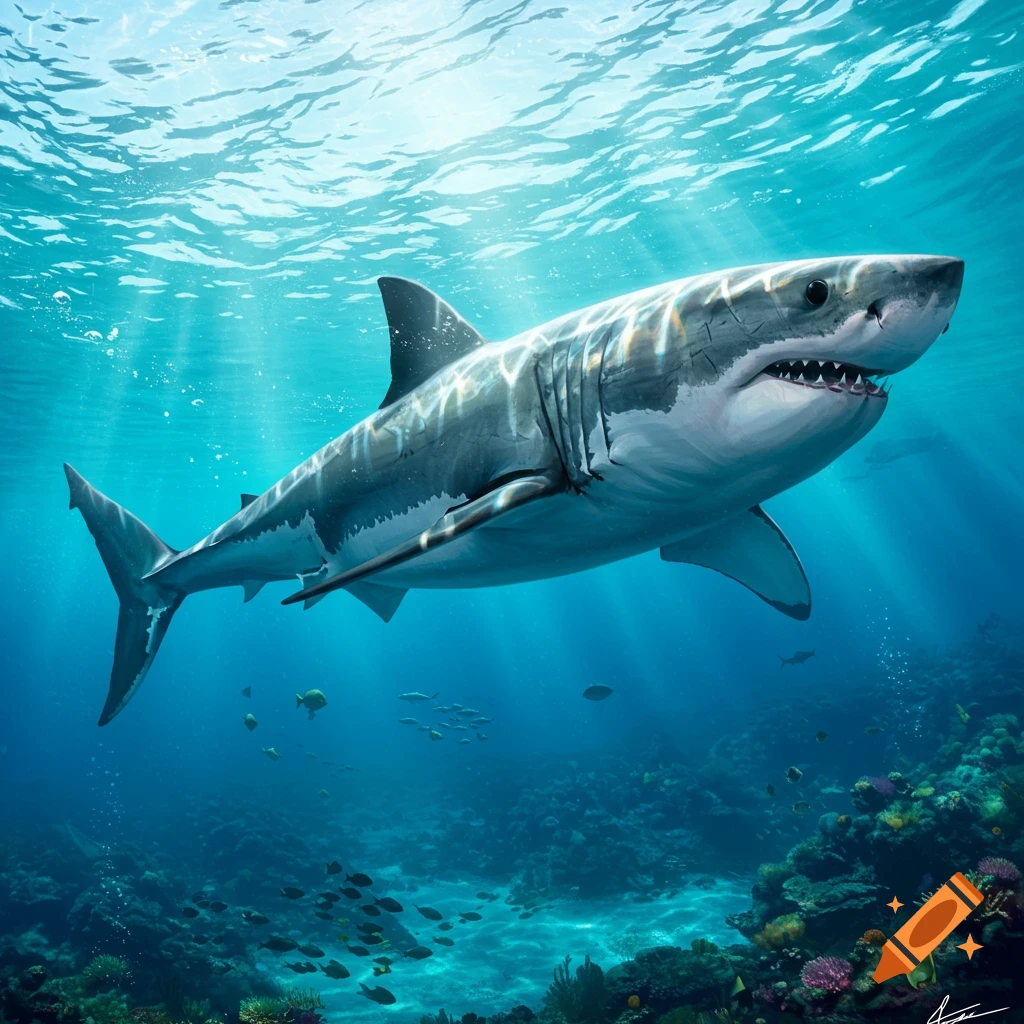 Photorealistic great white shark swimming underwater with sun rays and a coral reef.