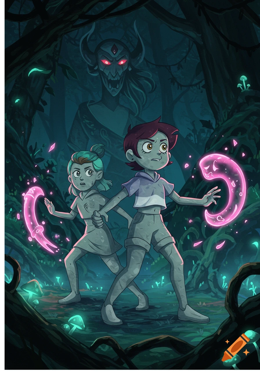 Luz and Amity, stylized as grey statues, hold hands in a magical, dark forest with glowing mushrooms and a large, horned monster in the background. Pink magic swirls around them.