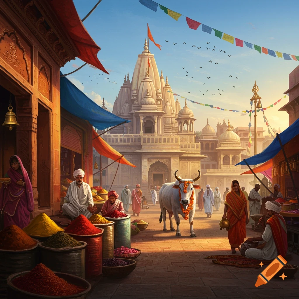 Vibrant market street in India with a temple, people, spices, and a decorated cow under a blue sky.