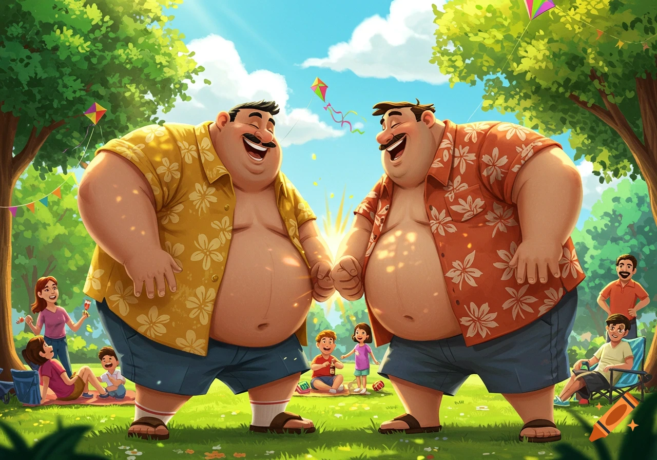 Two jovial, corpulent men, one in a yellow Hawaiian shirt and one in an orange, laughing and holding hands in a sunny park with others.