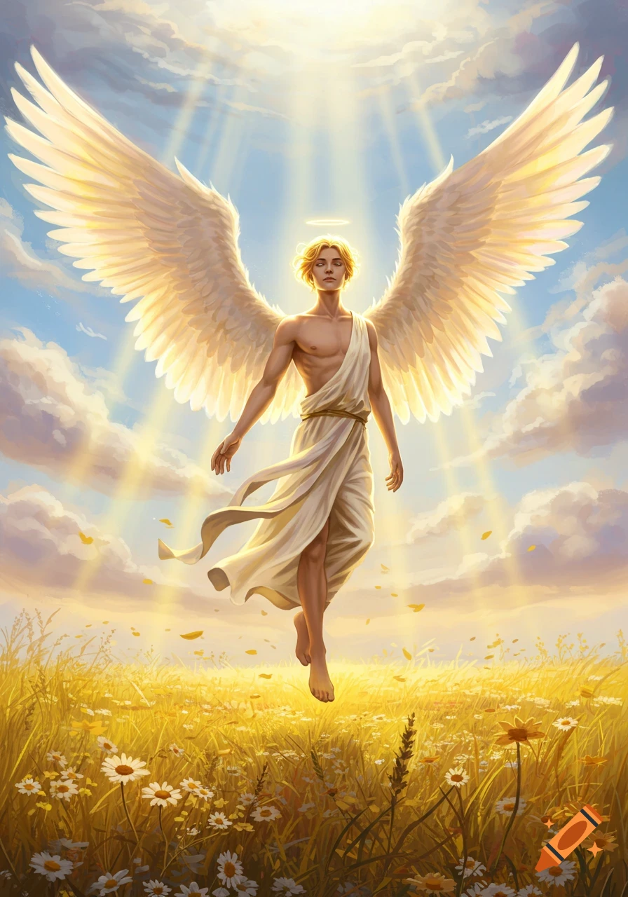 A majestic male angel with large white wings floats above a sunlit field of flowers and golden grass under a bright sky, digital art.