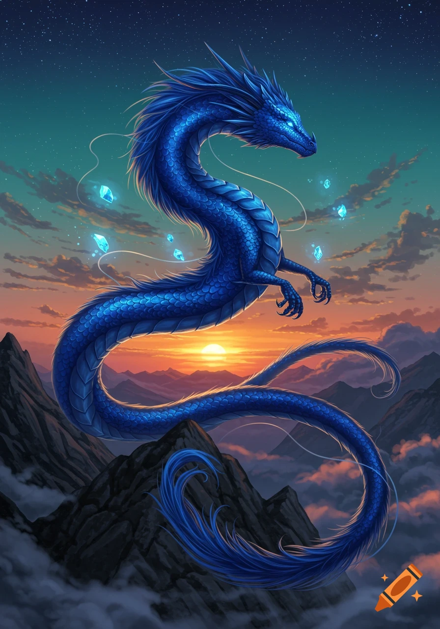 A majestic blue dragon with a fur-tipped tail flies over mountains and a sunset sky, surrounded by glowing crystals. Digital fantasy art.