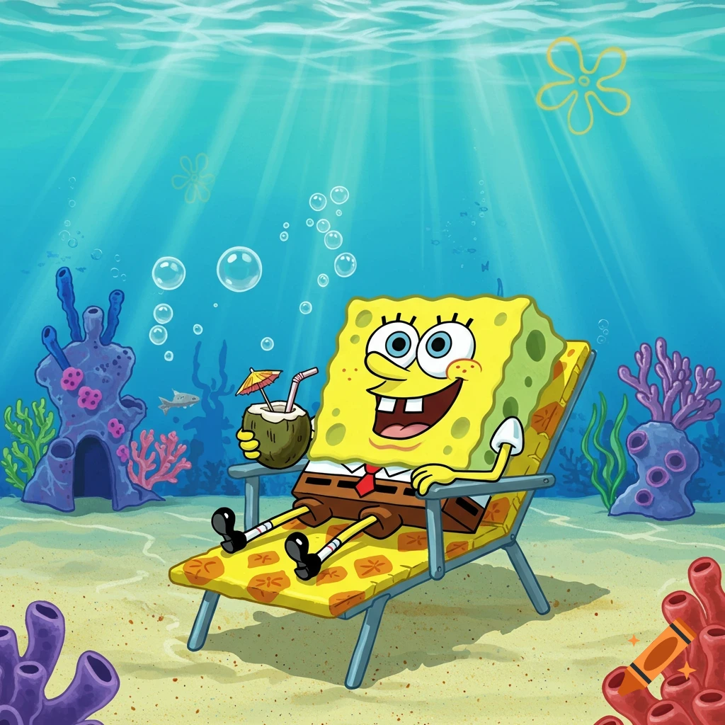 Spongebob Squarepants relaxes in a yellow beach chair underwater, holding a coconut drink with a tiny umbrella.