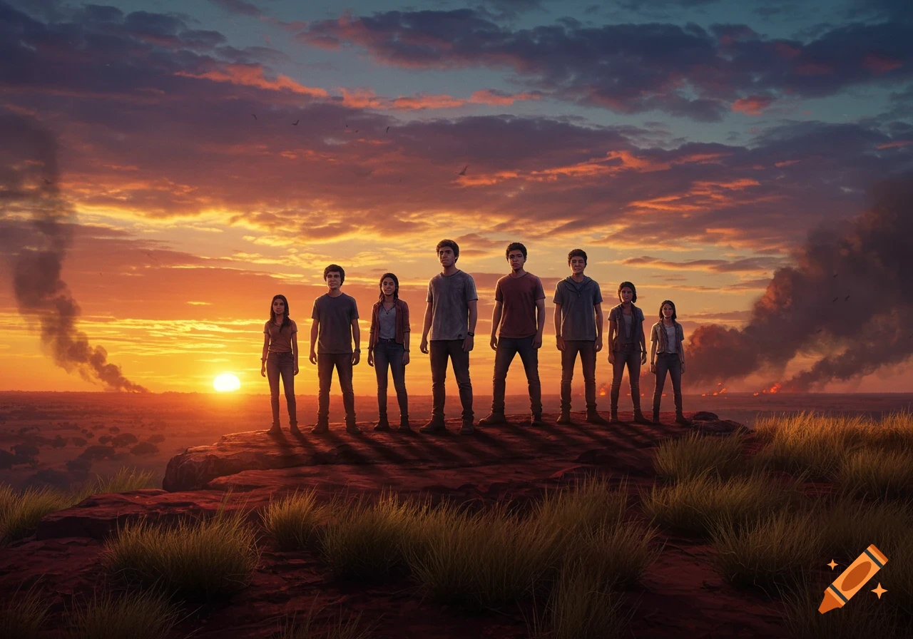 Eight teenagers stand on a rocky hill at sunset, with smoke plumes rising from a distant landscape.