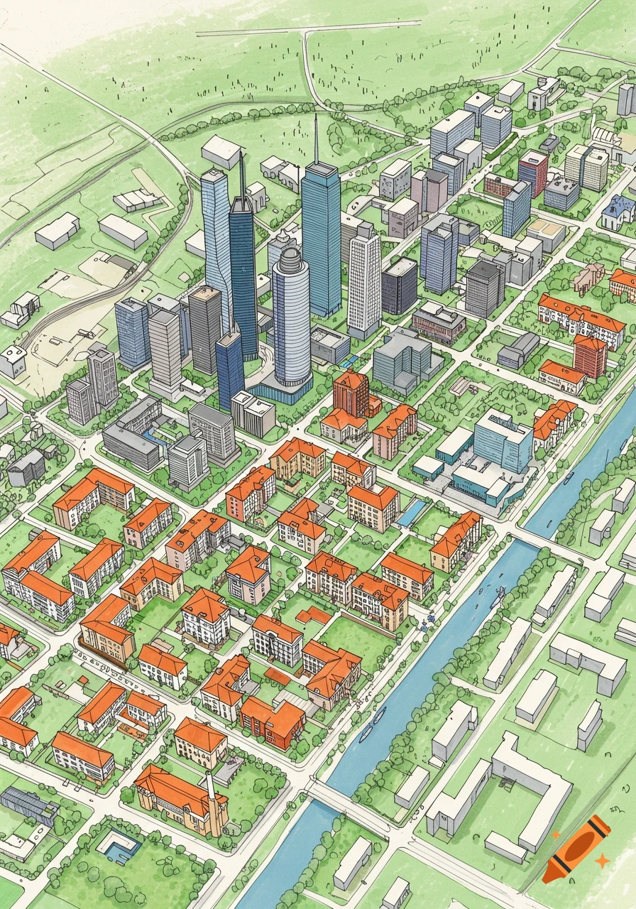 Hand-drawn aerial map of a city with a river, residential areas with orange roofs, and a downtown with skyscrapers, in a watercolor style.