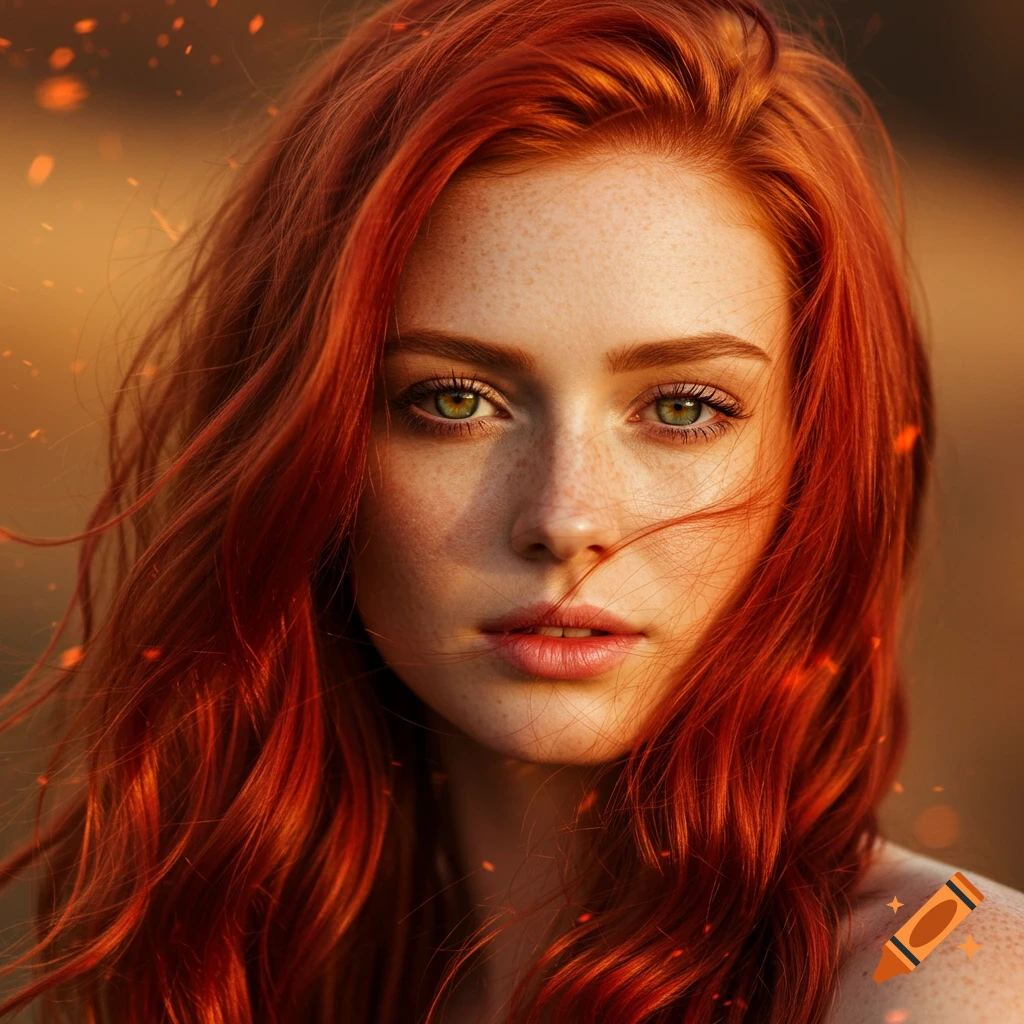 A close-up photorealistic portrait of a young woman with vibrant red hair, green eyes, and freckles, with glowing particles in the air.