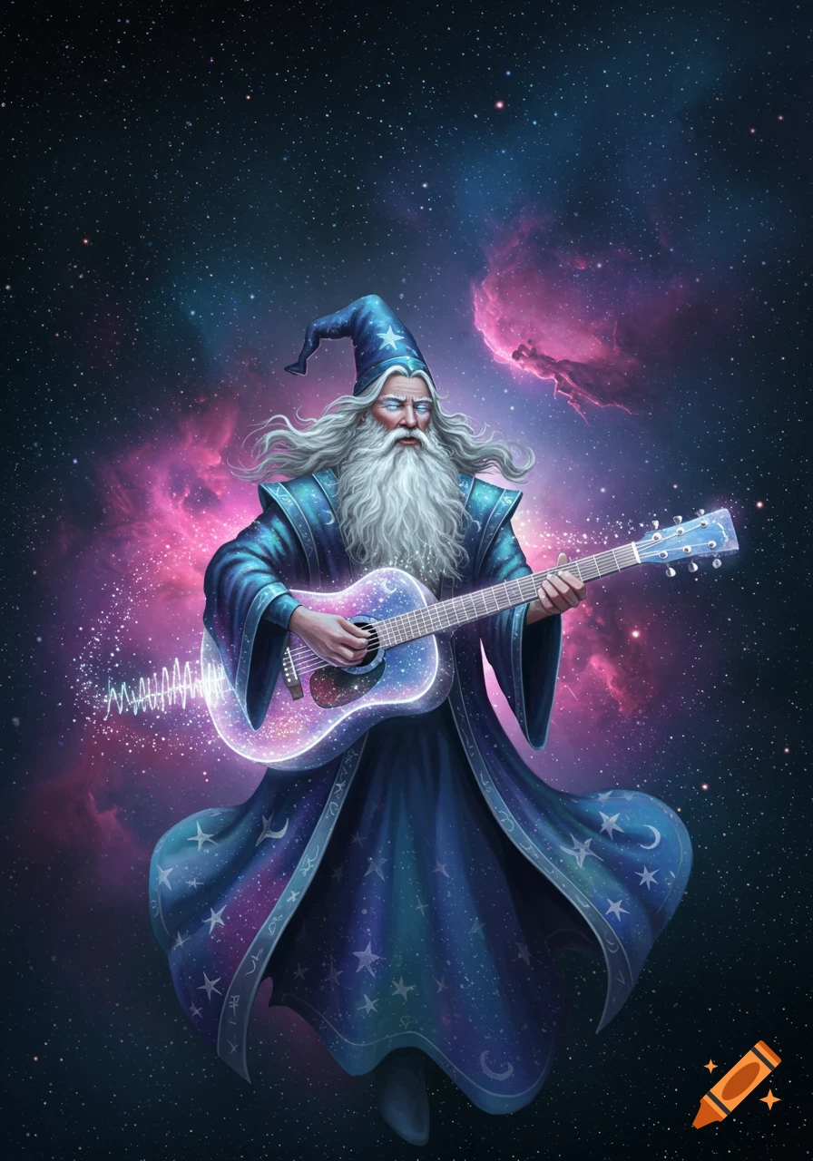 A white-bearded wizard in a blue, starry robe plays a glowing guitar amidst a vibrant pink and purple nebula in space.