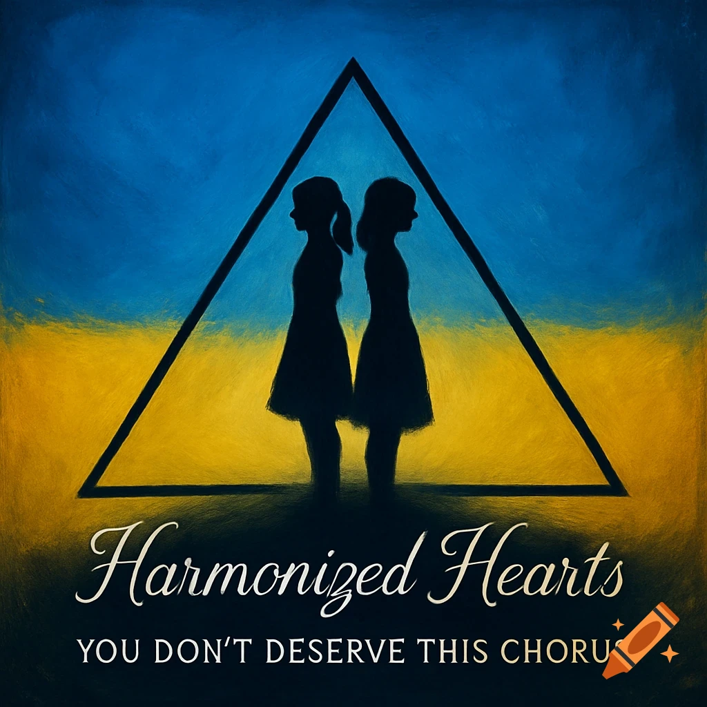 Album cover with two girl silhouettes back-to-back in a triangle on a blue and yellow background, with 'Harmonized Hearts' and 'YOU DON'T DESERVE THIS CHORUS'.