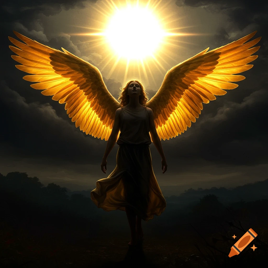 Female angel with glowing golden wings stands before a bright sun, dramatic chiaroscuro lighting against a dark, cloudy sky.