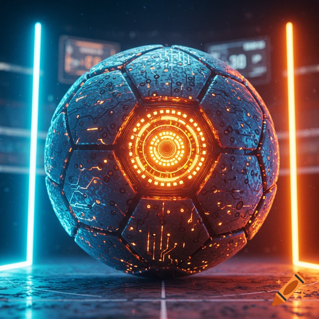 A futuristic football with a textured surface resembling circuits, glowing orange from its center and along its patterns, flanked by tall neon blue and orange light bars.