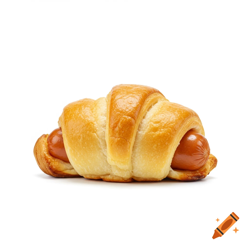 A golden brown mini sausage wrapped in a crescent roll dough, isolated on a white background.