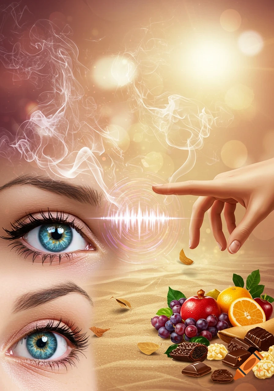 Close-up of blue eyes, a hand touching an energy wave, smoke, and various fruits and chocolates on a sandy surface in a surreal style.