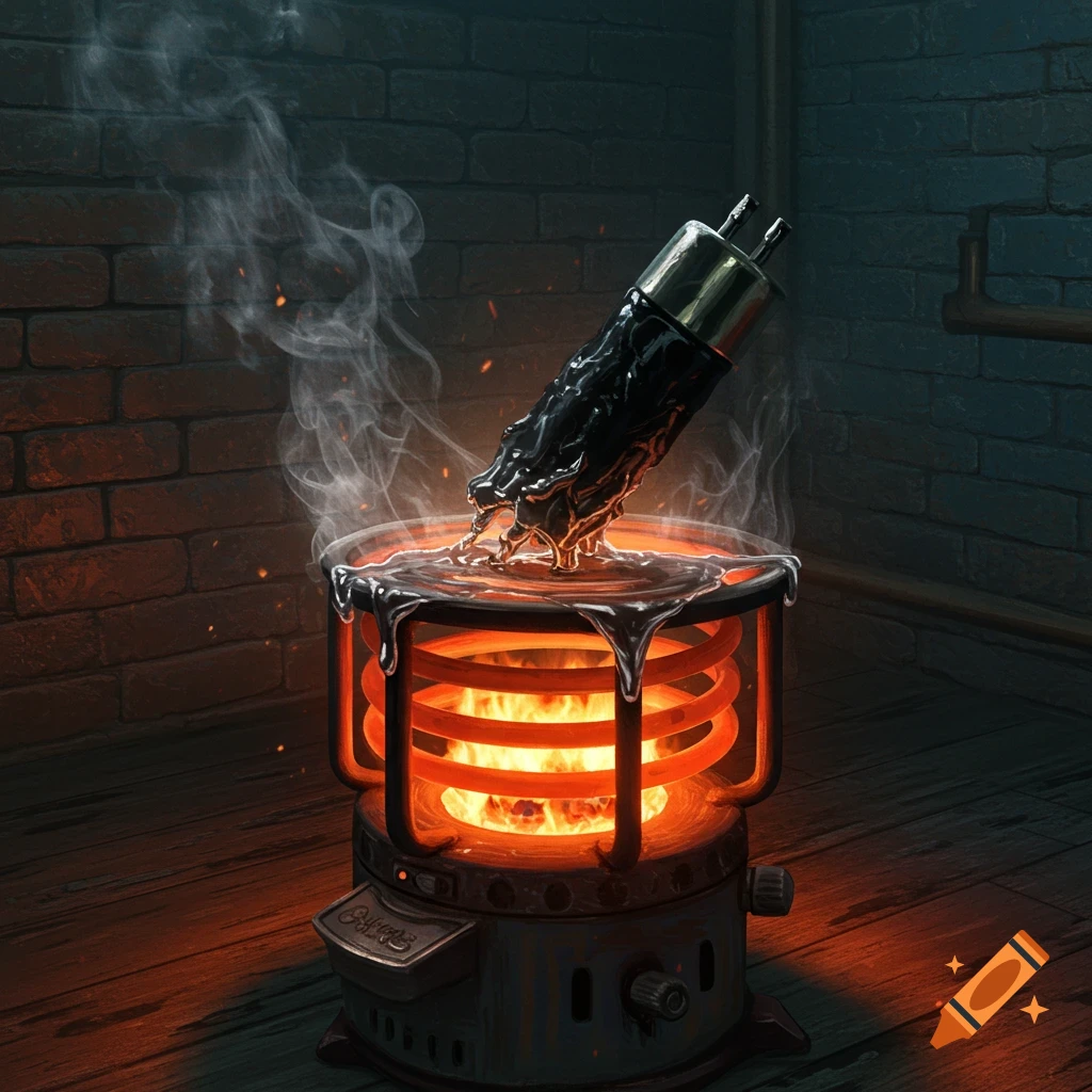 A black, cylindrical fuse melts into a pool of liquid on a glowing orange electric heater. Smoke rises against a brick wall.