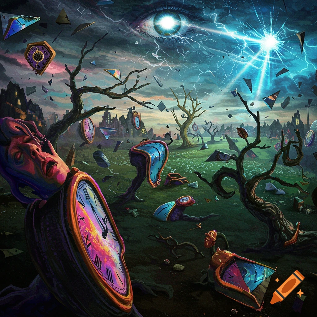 A dark, surreal landscape with melting clocks, fractured geometric shapes, and barren trees under a stormy sky with a large eye and bright lightning. A figure emerges from a large clock in the foreground.