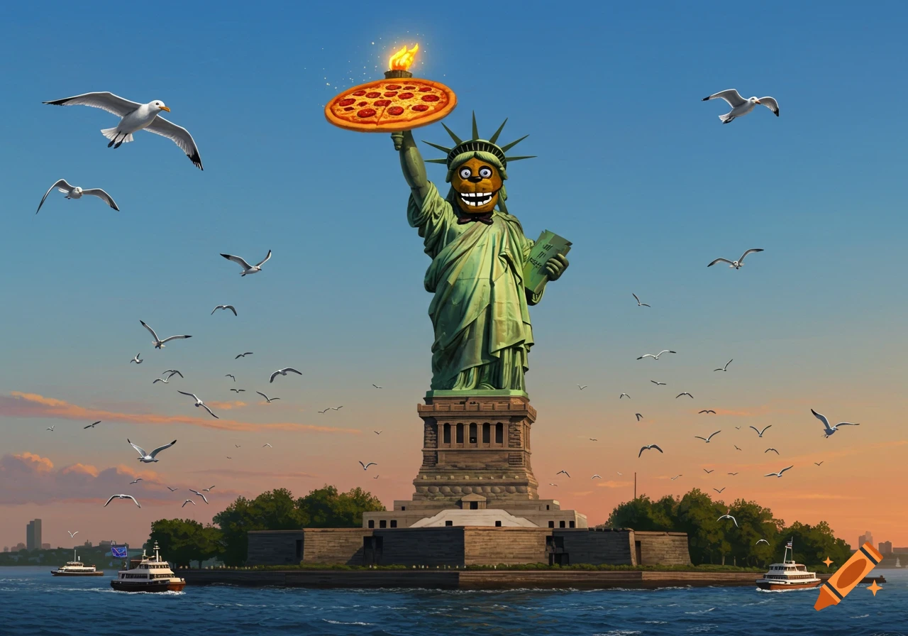 A cartoonish Statue of Liberty with a Freddie Fazbear head holds a large pepperoni pizza like a torch, with many seagulls flying around and boats on the water below, under a clear sky.