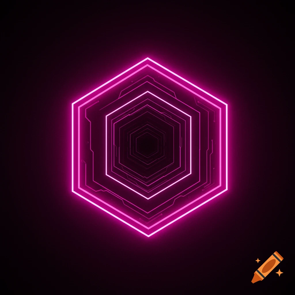 A glowing pink hexagon tunnel with circuit-like patterns on a dark background, in a retro sci-fi style.