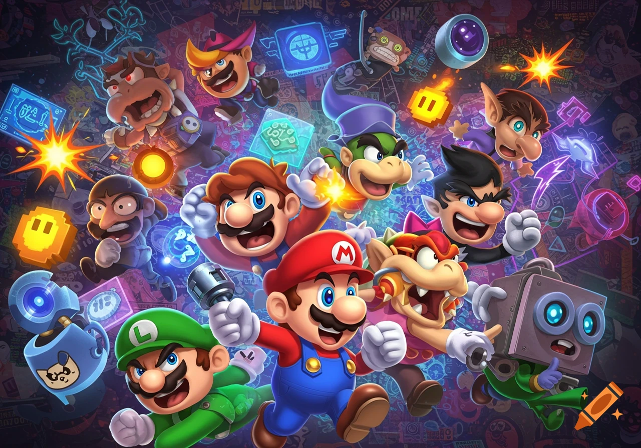 A vibrant, cartoon-style illustration of many stylized Super Mario Bros. characters, including Mario and Luigi, joyfully jumping and interacting amidst glowing pixelated elements and a dark, patterned background.