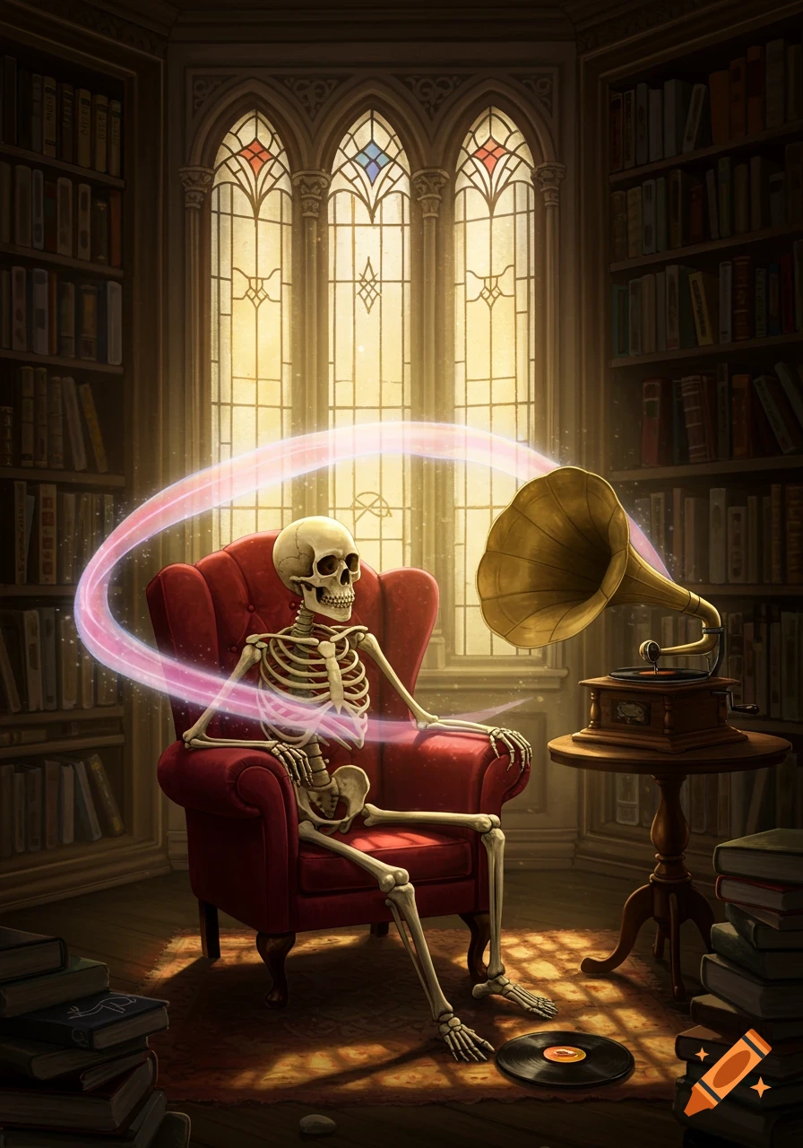 A skeleton in a red armchair listens to a gramophone in a dimly lit, gothic library with glowing stained-glass windows.