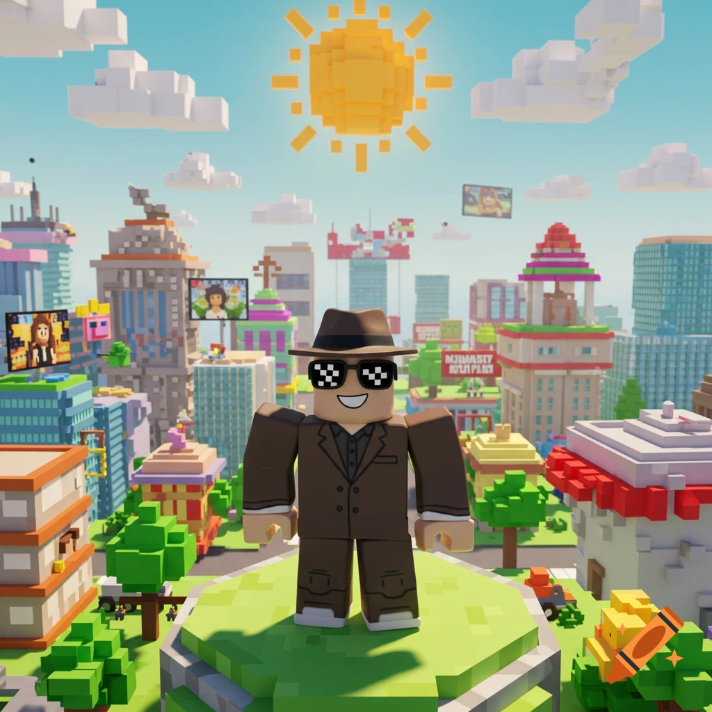 A blocky Roblox-style character in a suit and pixelated sunglasses stands on a platform in a vibrant, blocky city with a pixelated sun in the sky.