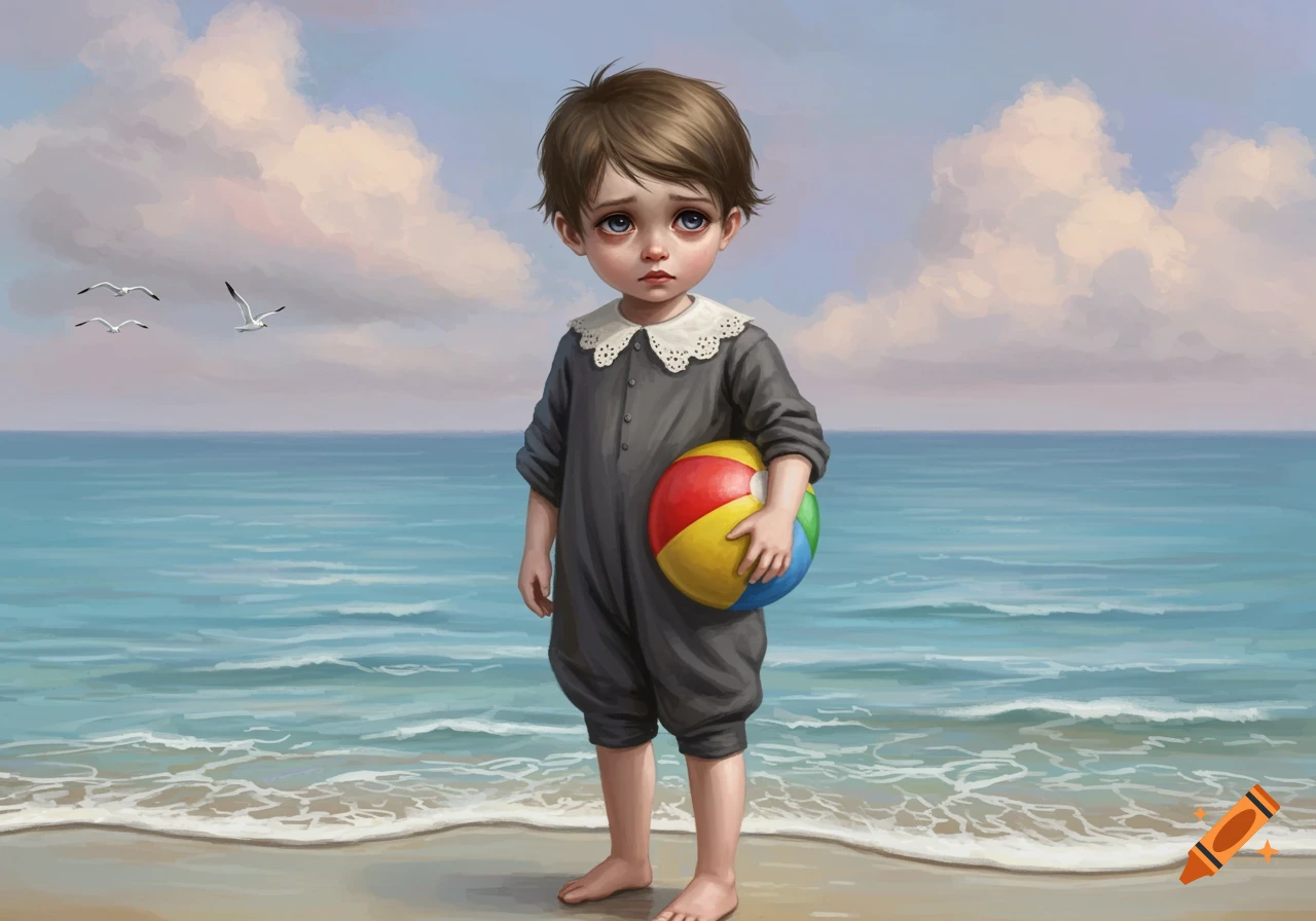 A sad boy in a dark romper holds a colorful beach ball on a sandy beach, ocean and seagulls in background, Victorian painting style.