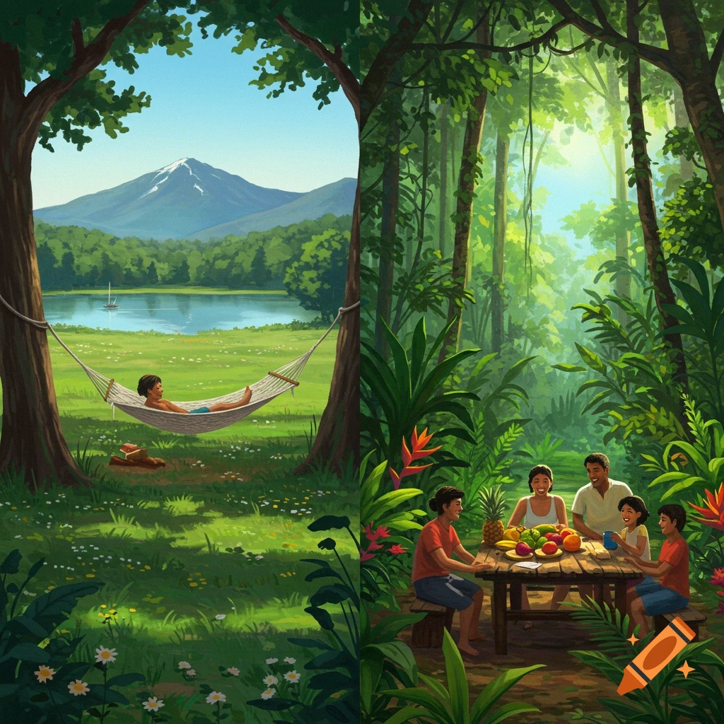 An illustration in two panels: a person relaxing in a hammock by a lake and mountains, and a family picnicking in a lush jungle.