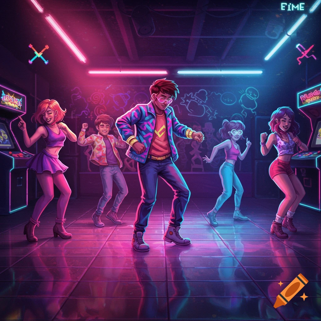 Five young people with retro-futuristic clothes dance in a neon-lit arcade, surrounded by arcade machines and graffiti.