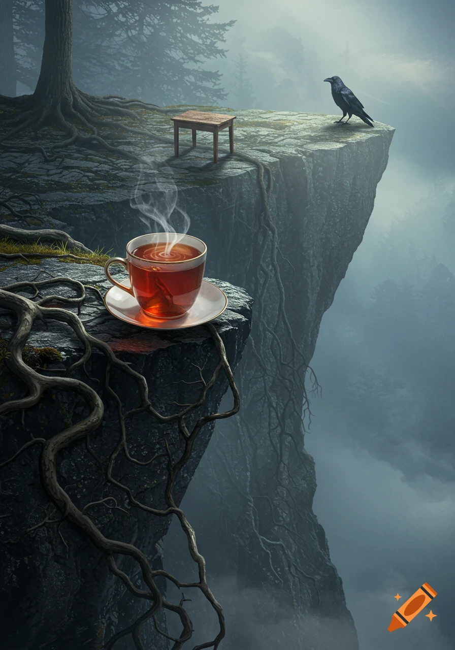 Steaming tea cup on a cliff edge with tangled roots, overlooking a misty forest, with a crow and a small table.