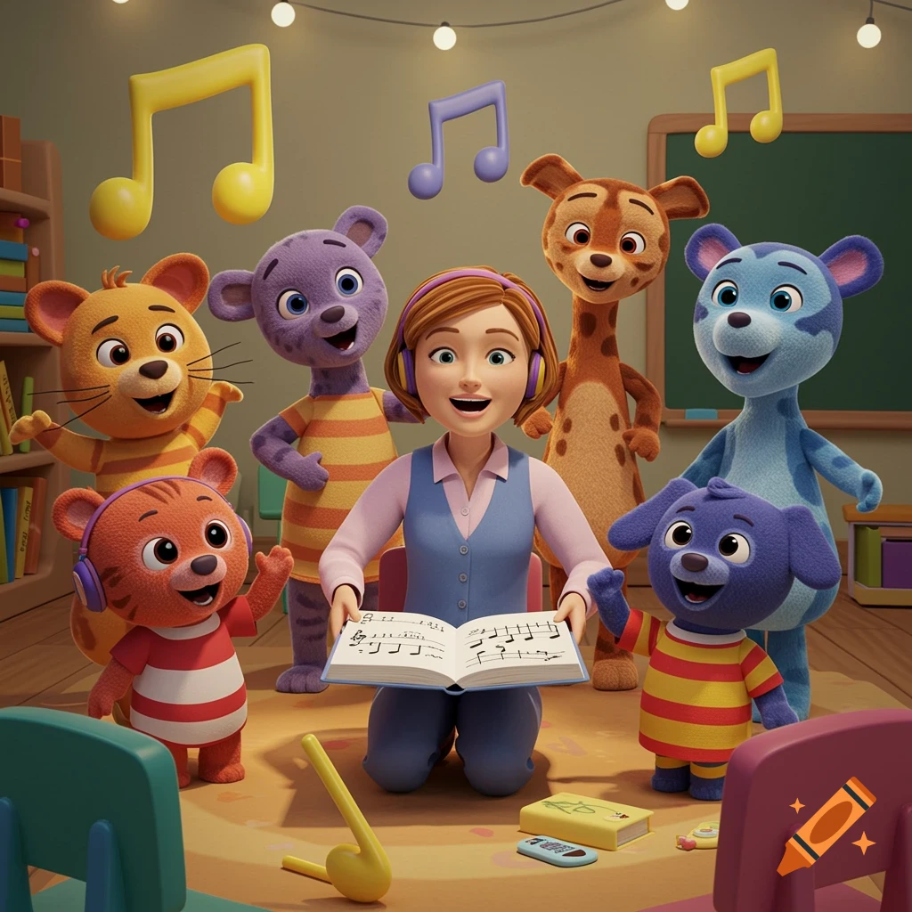 A woman and six cartoon animal characters, similar to Ms. Rachel's, in a classroom. The woman kneels, holding an open music book with garbled notes, surrounded by cheerful animal friends, some with headphones, under floating musical notes.