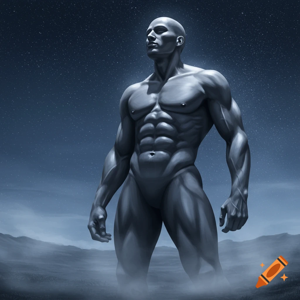 A muscular, bald, gray-skinned male figure stands under a starry night sky in a stylized, monochromatic digital painting.