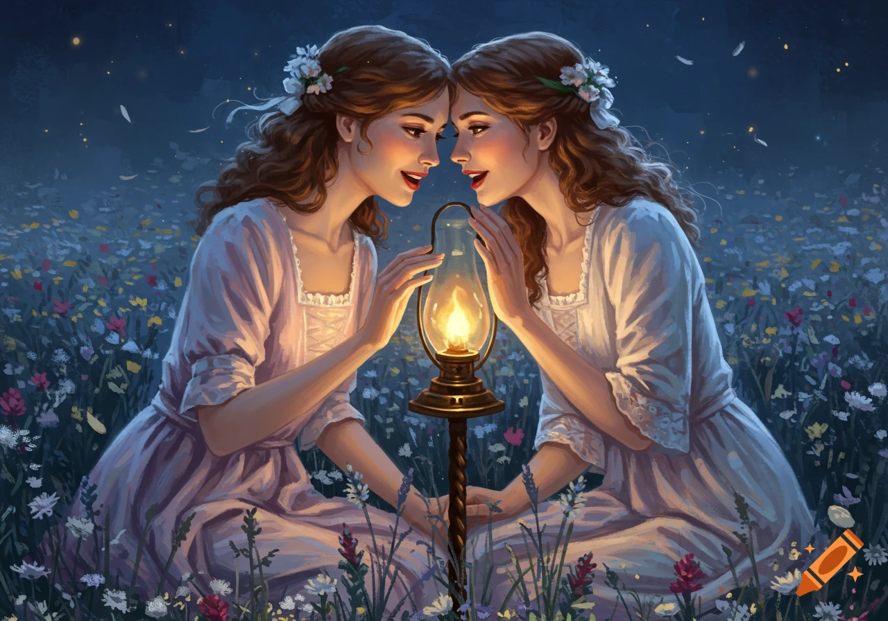 Two women in a moonlit field of wildflowers share a moment over a glowing lantern, in a magical illustration.