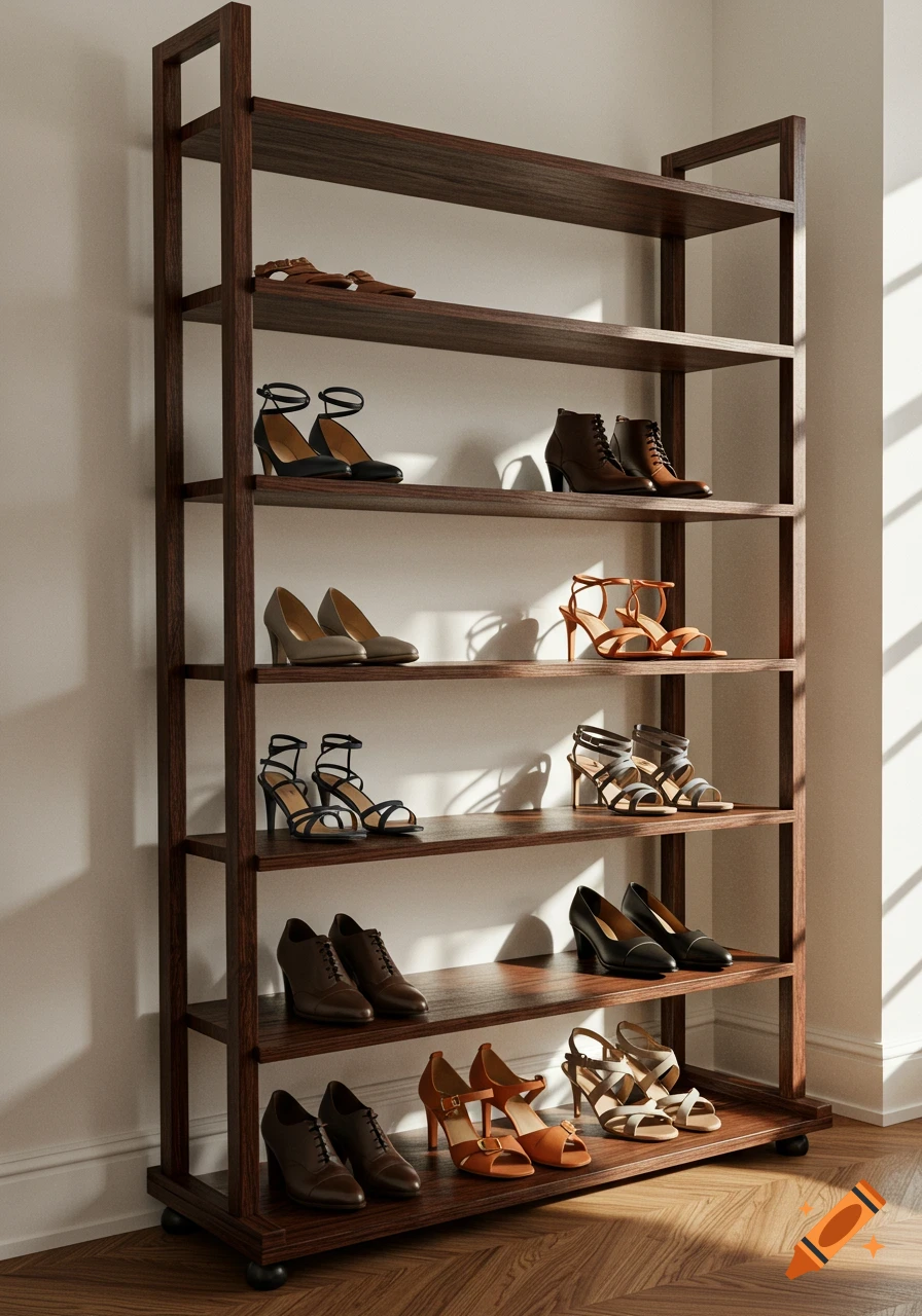 A tall, dark brown wooden shoe rack displaying multiple pairs of stylish women's shoes, including heels, sandals, and boots, in a well-lit room.