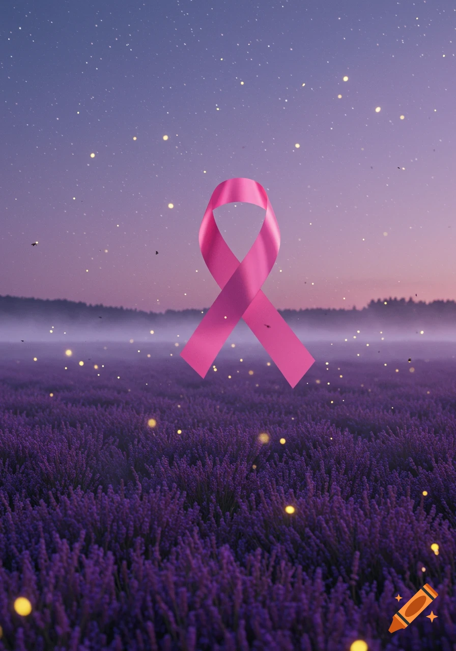 A vibrant pink awareness ribbon floats above a field of purple lavender under a starry twilight sky with glowing fireflies.