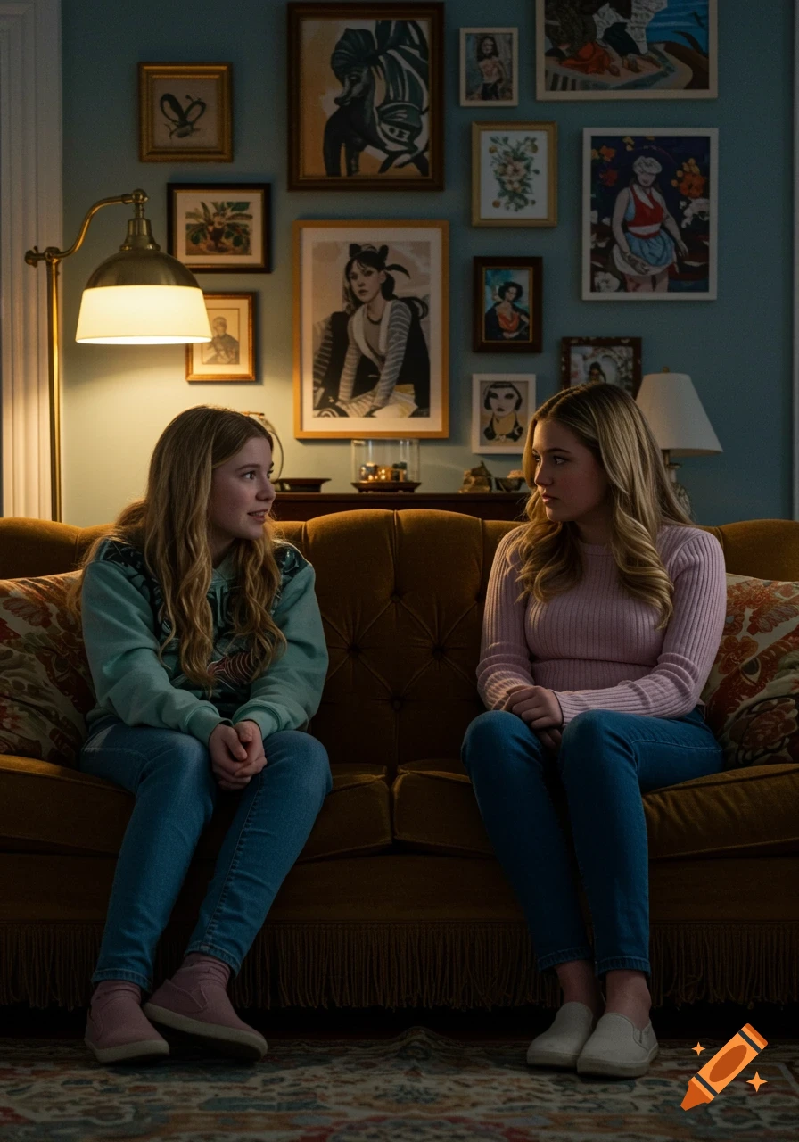 Two young women with long blonde hair sit on a brown tufted sofa, facing each other, in a cozy living room with framed artwork on the wall.