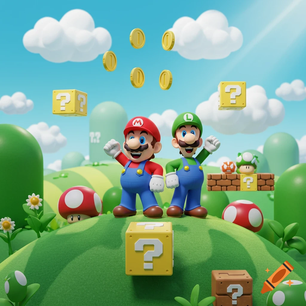 Mario and Luigi wave in a vibrant, cartoonish Super Mario Bros. landscape with floating coins, clouds, and question blocks.