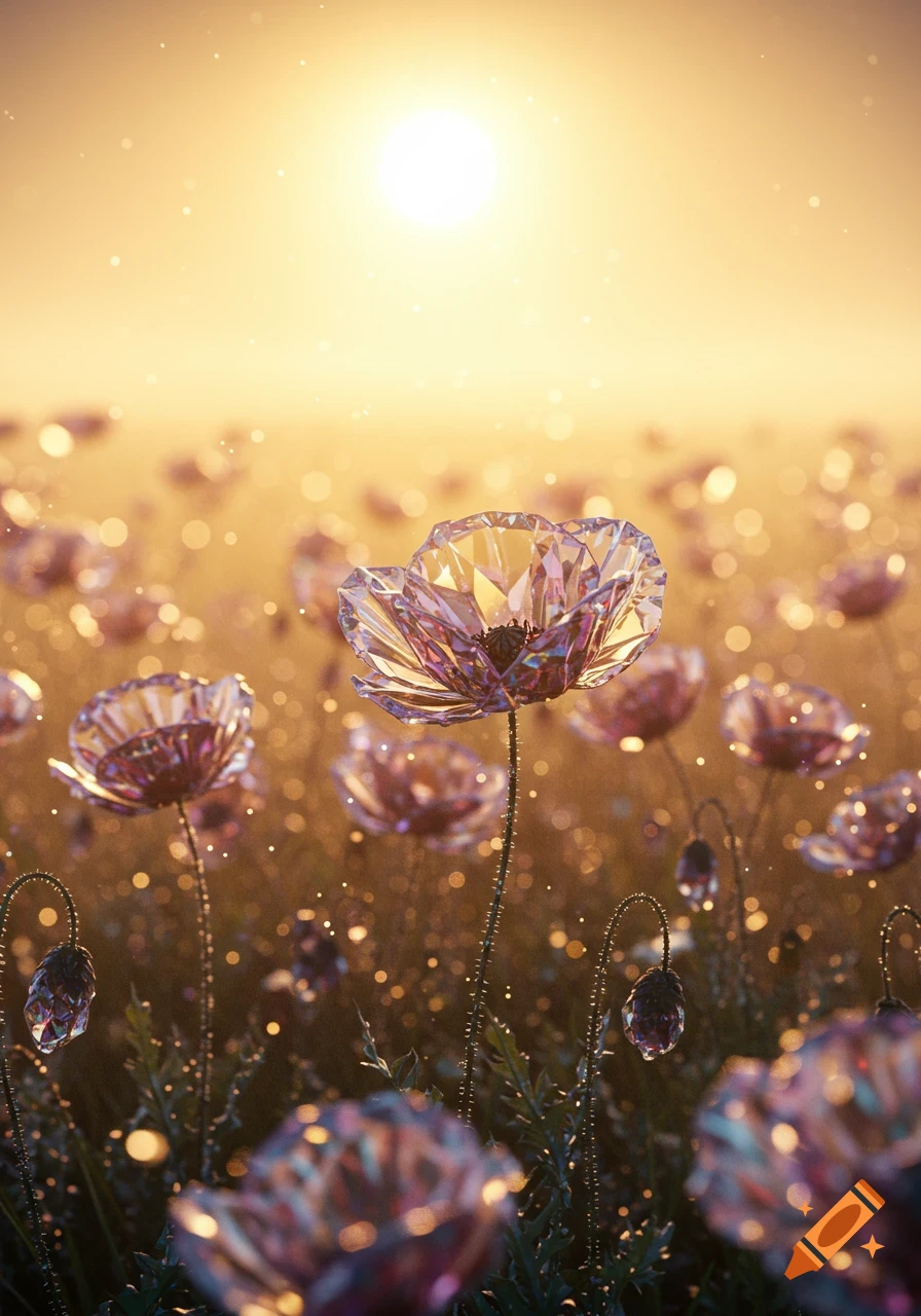 A field of glittering crystal poppies under a bright golden sun, with shimmering bokeh lights.