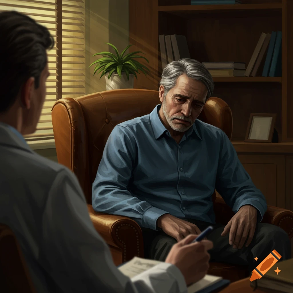 An illustration of a depressed man with gray hair sitting in a brown armchair, facing a psychiatrist taking notes in an office.