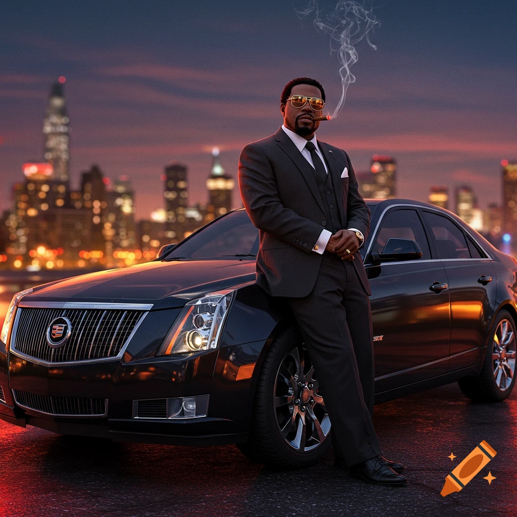 A man in a suit and sunglasses, smoking a cigar, leans on a black luxury car with a city skyline at dusk in the background. Photorealistic style.