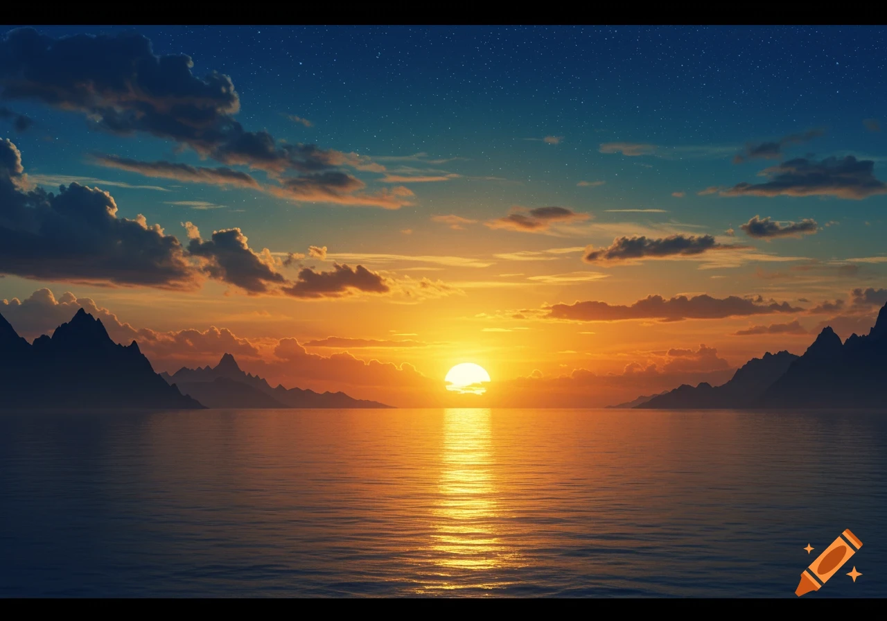 A vibrant sunset over a calm body of water, flanked by dark mountain silhouettes under a starry sky.