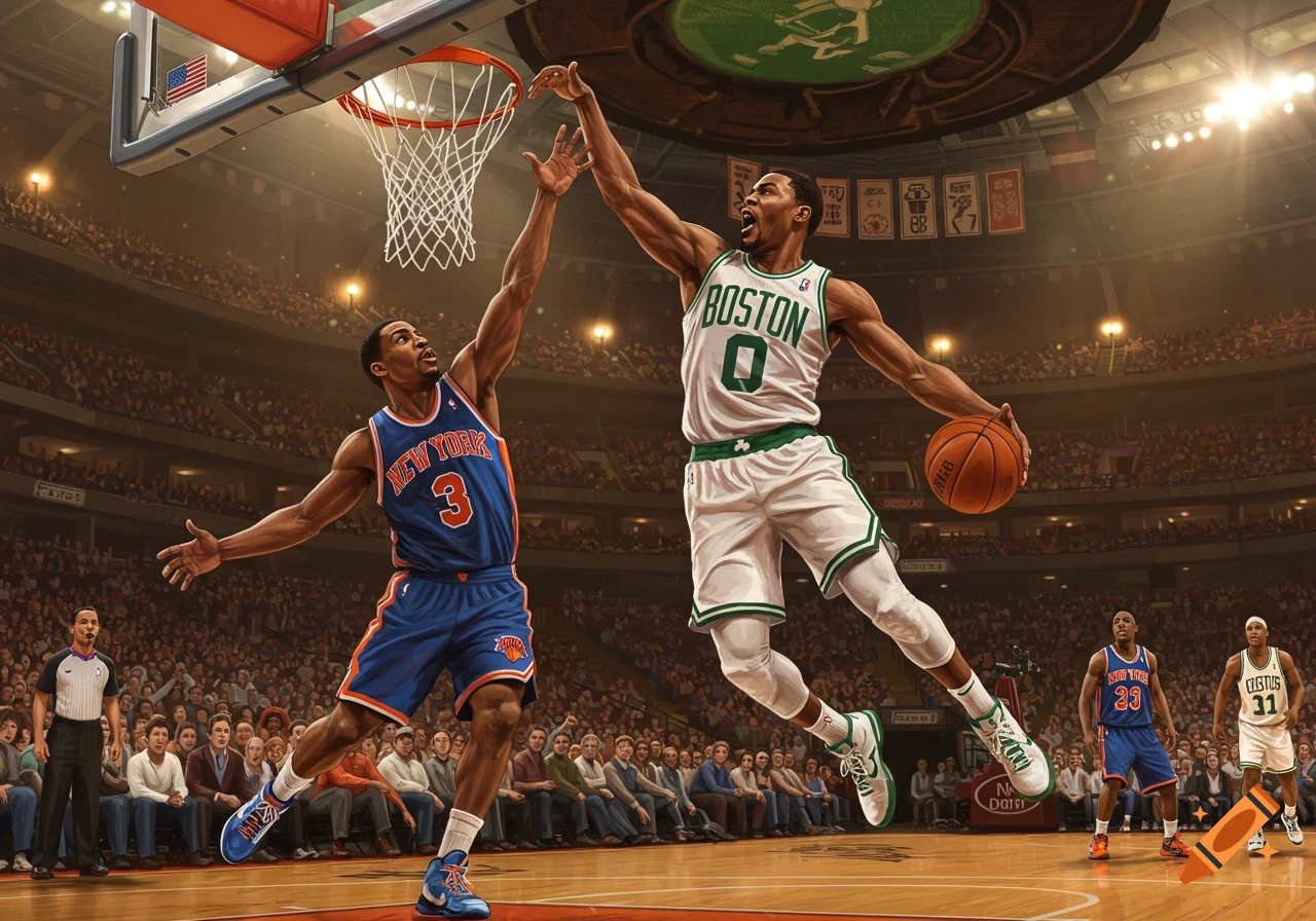 Photorealistic painting of a Boston Celtics player in white and green jumping to dunk over a New York Knicks player in blue and orange on a basketball court.