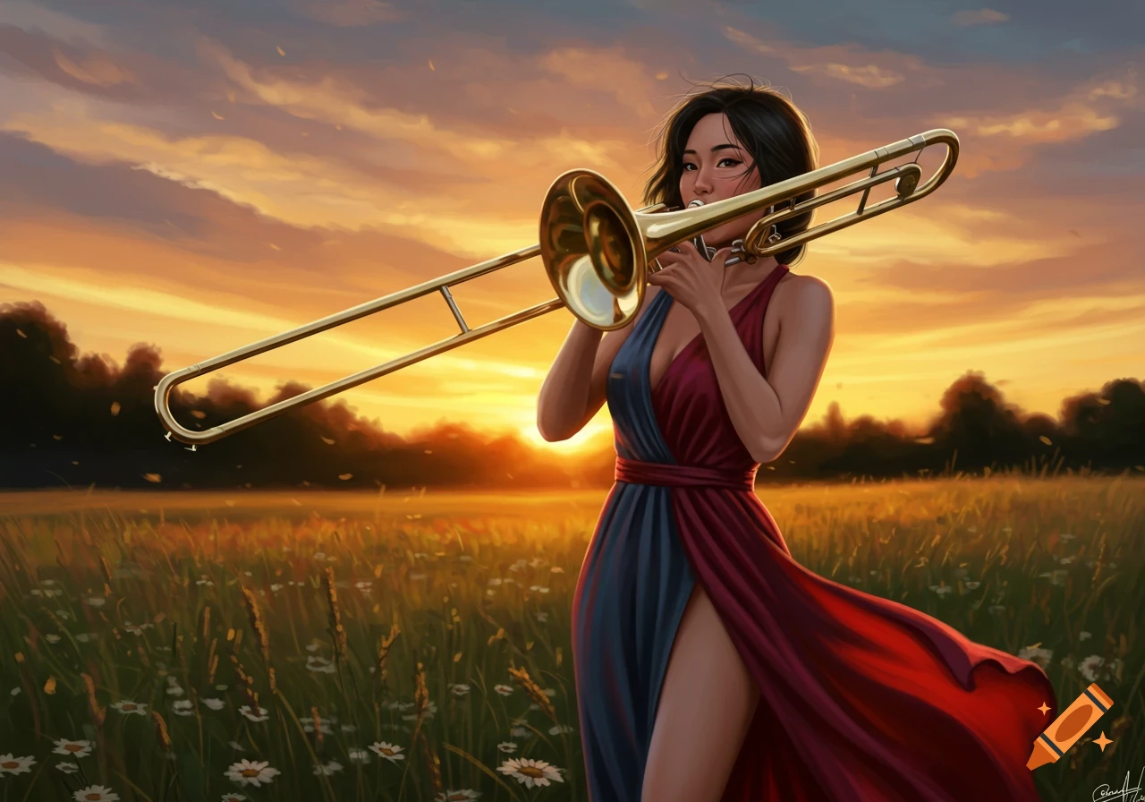 An illustrated young Asian woman plays a trombone in a field at sunset, wearing a flowing blue and red dress with a thigh-high slit.