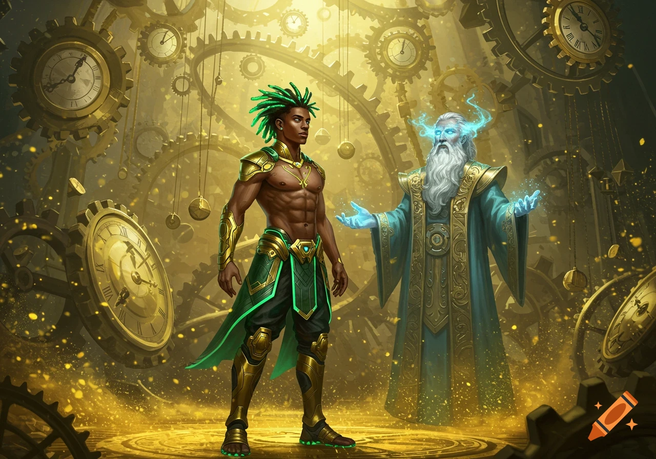 A muscular man in glowing green and gold armor stands before an old wizard with glowing blue energy in a surreal chamber of giant gears and clocks.