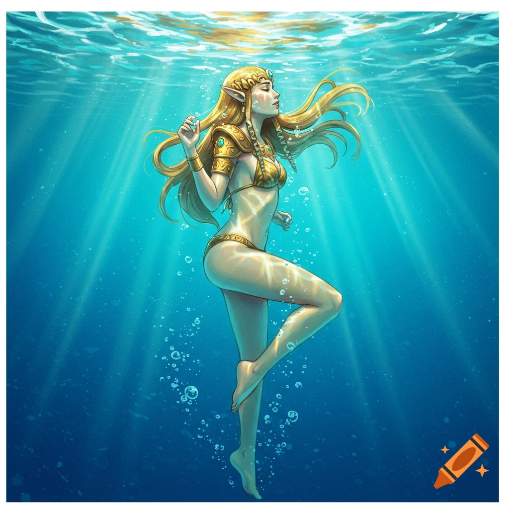A long-haired, golden-armored elf woman in a gold bikini floats gracefully underwater with light rays.