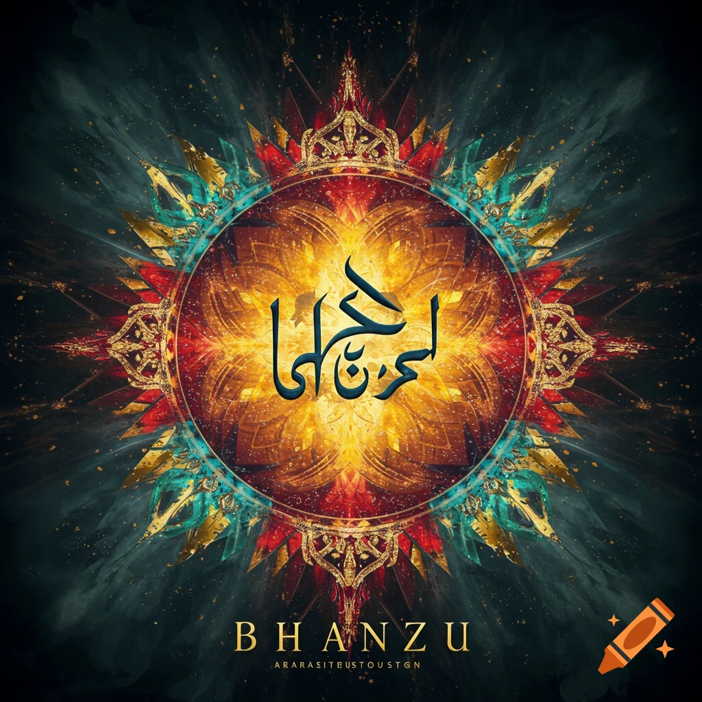 An ornate, symmetrical mandala-like design with a golden-orange glowing center, surrounded by red and teal patterns. Arabic-style calligraphy is in the middle, and "BHANZU" is at the bottom.